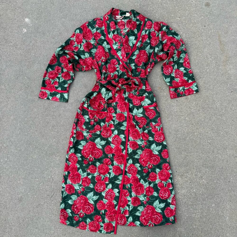 Vintage Victoria’s Secret Red Green Rose Slinky Robe with Belt Gold Label SMALL